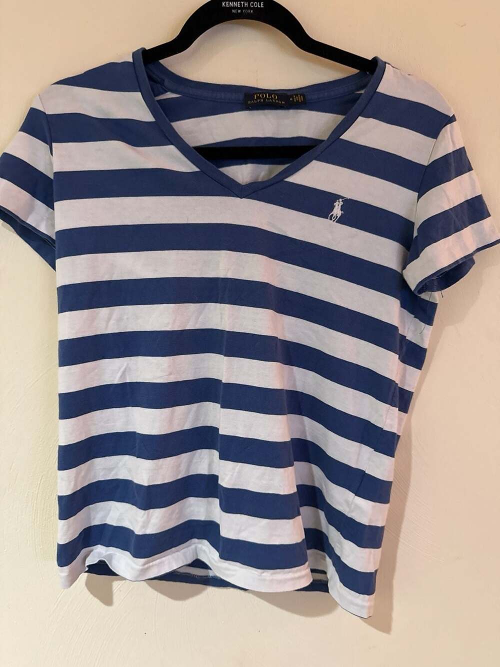Polo Ralph Lauren Women’s M Blue White Striped V-Neck Cotton T-Shirt Pony